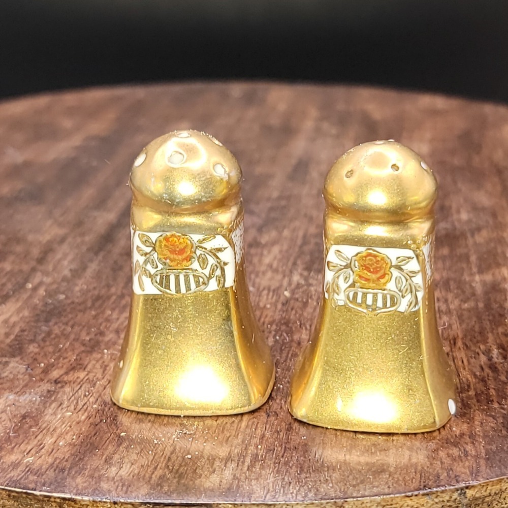 Antique‎ Gold Hand Painted Rose Salt & Pepper Shakers Japan 1 3/4"